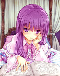 Rule 34 | 1girl, arm support, bad id, bad pixiv id, bed, blush, book, canopy bed, capelet, grimoire, hair ribbon, highres, kitou kaitai, long hair, long sleeves, looking at viewer, lying, magic circle, no headwear, no headwear, on bed, on stomach, patchouli knowledge, pillow, purple eyes, purple hair, ribbon, smile, solo, touhou, tress ribbon, very long hair, wide sleeves