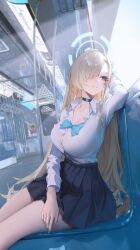 Rule 34 | 1girl, absurdres, arm up, asuna (blue archive), black choker, blonde hair, blue bow, blue bowtie, blue eyes, blue nails, bow, bowtie, breasts, button gap, choker, closed mouth, collarbone, hair over one eye, halo, highres, large breasts, long hair, looking outside, miniskirt, ouer moyu, pleated skirt, shirt, shirt tucked in, sitting, skirt, solo, thighs, train interior, very long hair, white shirt, window