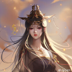 Rule 34 | 1girl, arm cutout, artist request, bead necklace, beads, breasts, brown hair, chinese clothes, fireflies, highres, huo linger (wanmei shijie), jewelry, long hair, looking at viewer, medium breasts, necklace, parted lips, purple eyes, second-party source, sky, solo, teeth, tiara, upper body, wanmei shijie, weibo logo