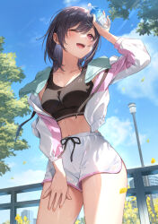 Rule 34 | 1girl, abs, black bra, black hair, blush, bottle, bra, breasts, cleavage, collarbone, dolphin shorts, drawstring, falling leaves, hair between eyes, hair ornament, hairclip, hand on own thigh, holding, holding bottle, jacket, lamppost, large breasts, leaf, medium hair, navel, one eye closed, open clothes, open jacket, original, railing, red eyes, shorts, smile, solo, sports bra, standing, sunlight, sweat, swept bangs, teeth, towel, towel around neck, tree, underwear, upper teeth only, water bottle, white shorts, zattape