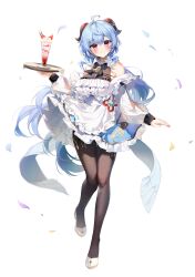 Rule 34 | 1girl, absurdres, alternate costume, apron, arm up, bare shoulders, bell, black bow, black pantyhose, blue hair, blush, bow, breasts, closed mouth, collar, cream, detached sleeves, dress, full body, ganyu (genshin impact), genshin impact, goat horns, highres, holding, holding plate, horns, iop5509, large breasts, long hair, long sleeves, looking at viewer, low ponytail, maid, maid apron, pantyhose, plate, pleated dress, purple eyes, see-through, smile, solo, standing, standing on one leg, vision (genshin impact), white apron, white background, white collar, white footwear, wrist cuffs
