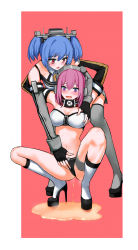 Rule 34 | 2girls, absurdres, arms up, bikini, bikini top only, black footwear, black gloves, black panties, blucher (warship girls r), blue hair, blush, grabbing another&#039;s breast, breasts, cleavage, detached sleeves, fingerless gloves, full body, gloves, grabbing, grey legwear, hand on another&#039;s chest, hand on another&#039;s crotch, headgear, high heels, highres, jiaoshouwen, leaning forward, long sleeves, looking at another, machinery, multiple girls, navel, open mouth, outside border, panties, pee, peeing, peeing self, pink background, pink hair, prinz eugen (warship girls r), purple eyes, red eyes, remodel (warship girls r), scarf, shoes, socks, spread legs, squatting, standing, swimsuit, thighhighs, twintails, underwear, warship girls r, wavy mouth, white bikini, white legwear, yuri