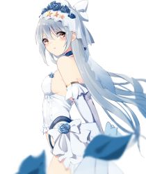 Rule 34 | 1girl, arms behind back, bare shoulders, blue flower, blue rose, blurry, bow, breasts, bridal veil, bustier, choker, cowboy shot, depth of field, dress, elbow gloves, eyelashes, falling petals, flower, from side, girls&#039; frontline, gloves, hair blowing, hair bow, highres, looking at viewer, looking back, official alternate costume, open clothes, open skirt, petals, ribbon, ribbon choker, rose, rose petals, sideboob, simple background, skirt, small breasts, solo, stardust-kun, striped ribbon, tokarev (a couple&#039;s journey) (girls&#039; frontline), tokarev (girls&#039; frontline), tongue, tongue out, veil, walking, wedding dress, white background, white bow, white gloves, yellow eyes, yellow star