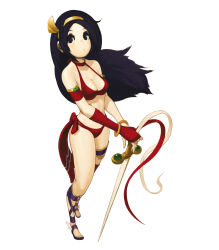 Rule 34 | 1girl, athena (series), bikini, black eyes, black hair, bracelet, breasts, choker, elbow gloves, gloves, hairband, highres, jewelry, long hair, midriff, nona, official art, princess athena, red bikini, ribbon, sandals, snk, svc chaos, swimsuit, sword, the king of fighters, weapon