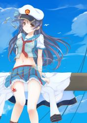 Rule 34 | 1girl, arm support, blue hair, commentary request, day, frapowa, hair between eyes, hat, highres, long hair, looking at viewer, love live!, love live! school idol festival, love live! school idol project, navel, neckerchief, outdoors, sailor collar, skirt, smile, solo, sonoda umi, standing, wind, yellow eyes