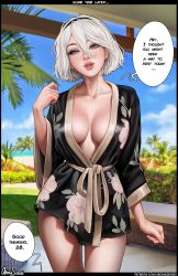 Rule 34 | 1girl, aroma sensei, artist name, beach, black hairband, blush, breasts, cleavage, cloud, collarbone, curvy, day, flower, grey eyes, hairband, hand up, highres, large breasts, lips, long sleeves, looking at viewer, mole, mole on breast, mole under mouth, nier (series), nier:automata, ocean, open mouth, robe, short hair, sky, solo, speech bubble, standing, teeth, thick lips, thighs, water, white hair, 2b (nier:automata)
