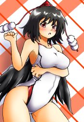 Rule 34 | 1girl, black hair, black wings, blush, breast hold, breasts, competition swimsuit, d-m (dii emu), hat, highres, medium breasts, one-piece swimsuit, open mouth, pom pom (clothes), red eyes, shameimaru aya, short hair, solo, swimsuit, tokin hat, touhou, white one-piece swimsuit, wings