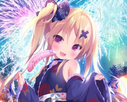 Rule 34 | 1girl, :d, aerial fireworks, ahoge, bare shoulders, blonde hair, blue bow, blue kimono, blue ribbon, blue sleeves, blurry, blurry background, blush, bow, breasts, commentary request, depth of field, detached sleeves, fang, fireworks, floral print, frilled sleeves, frills, hair bow, hair ornament, hair ribbon, japanese clothes, kimono, lantern, long hair, long sleeves, night, obi, open mouth, original, outdoors, pinching sleeves, piyodera mucha, print kimono, print sleeves, red eyes, ribbon, sash, sleeveless, sleeveless kimono, sleeves past wrists, small breasts, smile, solo, twintails, upper body, wide sleeves, x hair ornament
