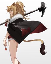 Rule 34 | 1girl, animal ears, arknights, bare legs, black jacket, blonde hair, breasts, candy, commentary request, feet out of frame, food, from side, fur-trimmed jacket, fur trim, gradient background, grey background, hammer, highres, holding, holding food, holding hammer, holding weapon, horn/wood, jacket, jacket on shoulders, lion ears, lion tail, lollipop, long hair, looking at viewer, medium breasts, over shoulder, ponytail, profile, red shorts, short shorts, shorts, siege (arknights), solo, standing, tail, thighs, weapon, weapon over shoulder, yellow eyes