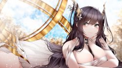 Rule 34 | 1girl, absurdres, azur lane, black hair, breasts, cleavage, dress, flower, green eyes, hair on horn, highres, indomitable (azur lane), large breasts, long hair, looking away, looking to the side, lying, on stomach, samip, solo, very long hair, white dress, white flower