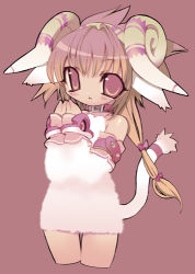 Rule 34 | 1girl, animal ears, blade (galaxist), blush, brown eyes, brown hair, collar, cowboy shot, cropped legs, detached sleeves, horns, lowres, monster girl, sheep ears, sheep girl, simple background, solo, tail