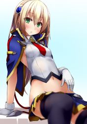 Rule 34 | 1girl, arm support, black thighhighs, blazblue, blue background, blush, capelet, dd mayohara, gloves, gradient background, green eyes, hair ornament, long hair, looking at viewer, navel, noel vermillion, skirt, solo, thighhighs, white gloves