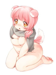 Rule 34 | 1girl, animal ears, barefoot, belly, blush, breasts, cleavage, covering privates, covering breasts, dog ears, feet, female focus, full body, medium breasts, mizuki kotora, nude, nude cover, open mouth, pink hair, plump, scarf, simple background, sitting, soles, solo, tail, toes, white background, yellow eyes