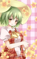 Rule 34 | 1girl, ascot, blush, breasts, checkered background, artistic error, flower, green hair, kazami yuuka, looking at viewer, medium breasts, parasol, parted lips, plaid, plaid skirt, plaid vest, puffy short sleeves, puffy sleeves, short hair, short sleeves, simple background, skirt, skirt set, solo, tamichan, touhou, umbrella, vest, yellow eyes