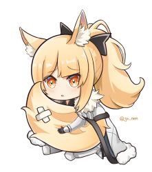Rule 34 | 1girl, :o, animal ear fluff, animal ears, arknights, armor, black bow, blemishine (arknights), blonde hair, bow, cape, chibi, crossed bandaids, fur-trimmed armor, fur-trimmed cape, fur trim, grey cape, hair bow, horse ears, horse girl, horse tail, hugging own tail, hugging tail, long hair, nemesis gx, ponytail, simple background, sitting, solo, tail, twitter username, white background, yellow eyes