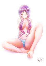 Rule 34 | 10s, 1girl, anhei dabai, barefoot, blue panties, breasts, female focus, full body, green eyes, hair censor, hair over breasts, lace, lace-trimmed panties, lace trim, large breasts, long hair, looking at viewer, love live!, love live! school idol project, panties, purple hair, side-tie panties, simple background, sitting, smile, solo, striped clothes, striped panties, topless, tojo nozomi, twintails, underwear, underwear only, white background