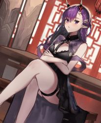 Rule 34 | 1girl, arknights, black dress, black necktie, braid, breasts, crossed arms, crossed legs, demon horns, dress, dutch angle, earrings, feet out of frame, highres, horn ornament, horns, indoors, jewelry, kokao358, lantern, lava (arknights), lava the purgatory (arknights), lava the purgatory (dusk wisteria) (arknights), long hair, necktie, official alternate costume, paper lantern, pointy ears, purple eyes, purple hair, sitting, small breasts, solo, thigh strap