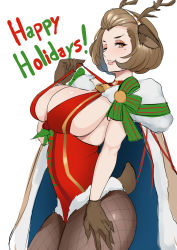 Rule 34 | 1girl, alternate costume, animal ears, antlers, breasts, brown eyes, brown gloves, brown hair, cape, choker, christmas, cleavage, english text, eyeshadow, fake animal ears, fake antlers, fake tail, female focus, fire emblem, fire emblem: three houses, fire emblem heroes, fishnet pantyhose, fishnets, fur-trimmed cape, fur-trimmed leotard, fur trim, gloves, hair slicked back, happy holidays, highres, horns, lainart, large breasts, leotard, lipstick, looking at viewer, makeup, manuela casagranda, matching hair/eyes, mole, mole under eye, nintendo, official alternate costume, one eye closed, open mouth, orange eyeshadow, pantyhose, parted lips, red leotard, reindeer antlers, short hair, sideboob, smile, tail, wink