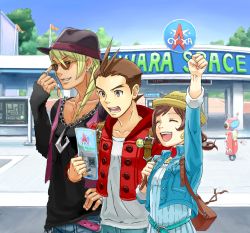 Rule 34 | 1girl, 2boys, ace attorney, ahoge, alternate costume, apollo justice, bad id, bad pixiv id, bag, belt, blonde hair, brochure, brown hair, can, drink can, earrings, fist pump, flag, handbag, hat, jewelry, klavier gavin, multiple boys, necklace, open mouth, phoenix wright: ace attorney - dual destinies, ponco (ace attorney), ring, robot, smiley face, soda can, straw hat, sunglasses, tayoshi kon, tree, trucy wright