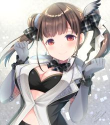 Rule 34 | 1girl, azuma yuki, black bow, black jacket, black ribbon, blush, bow, breasts, brown hair, cleavage, closed mouth, commentary request, crop top, double bun, earrings, elbow gloves, fur-trimmed jacket, fur trim, gloves, grey gloves, hair bow, hair bun, hair ribbon, hands up, head tilt, idolmaster, idolmaster shiny colors, jacket, jewelry, long hair, medium breasts, plaid, plaid bow, red eyes, ribbon, short sleeves, side bun, signature, smile, solo, sonoda chiyoko, twintails, twitter username, upper body, white ribbon, wing hair ornament, wrist cuffs