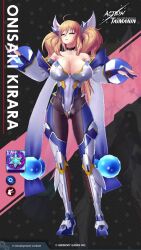 Rule 34 | 1girl, 3d, action taimanin, adapted costume, animated, blonde hair, blush, bodysuit, breasts, censored, character name, covered navel, curvy, fingerless gloves, gloves, hand on own hip, highleg, highleg leotard, highres, huge breasts, impossible clothes, leotard, lilith-soft, long hair, onizaki kirara, shiny skin, standing, tagme, taimanin (series), taimanin rpgx, taimanin suit, twintails, video