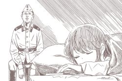 Rule 34 | 1boy, 1girl, bed sheet, boots, brown theme, closed eyes, dated, horikou, jacket, long sleeves, lying, military, military jacket, military uniform, monochrome, on stomach, parted lips, pillow, real life, shima rin, signature, sitting, sleeping, sleeping upright, soldier, soviet, soviet army, under covers, uniform, yurucamp