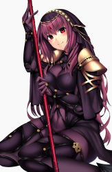 Rule 34 | 1girl, armor, blush, bodysuit, breasts, fate/grand order, fate (series), gae bolg (fate), highres, large breasts, long hair, looking at viewer, nano (syoutamho), pauldrons, polearm, purple bodysuit, purple hair, red eyes, scathach (fate), scathach (fate), shoulder armor, sitting, smile, solo, spear, veil, weapon