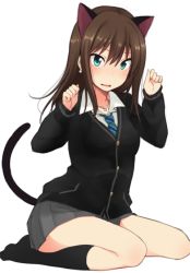Rule 34 | 1girl, animal ears, black jacket, blue eyes, blue necktie, blush, brown hair, cat ears, cat girl, cat tail, collared shirt, commentary request, earrings, embarrassed, grey skirt, hands up, idolmaster, idolmaster cinderella girls, jacket, jewelry, long hair, long sleeves, looking at viewer, nagami yuu, necktie, parted lips, paw pose, pleated skirt, seiza, shibuya rin, shirt, simple background, sitting, skirt, solo, tail, thighs, white background, white shirt, wing collar