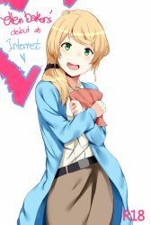 Rule 34 | 1girl, :d, belt, blonde hair, blue jacket, cover, cover page, ellen baker, english text, engrish text, eyebrows, green eyes, heart, hews, jacket, long hair, long skirt, looking at viewer, low ponytail, new horizon, open mouth, ranguage, scrunchie, shirt, simple background, skirt, smile, solo, text focus, white background, white shirt