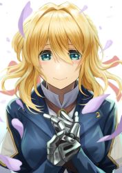 Rule 34 | 1girl, blonde hair, blue eyes, blue jacket, braid, breasts, brooch, closed mouth, commentary request, floating hair, hair between eyes, hair intakes, hair ribbon, highres, izawa (bhive003), jacket, jewelry, long hair, long sleeves, looking at viewer, medium breasts, petals, prosthesis, red ribbon, ribbon, shirt, smile, solo, upper body, violet evergarden, violet evergarden (series), white background, white shirt