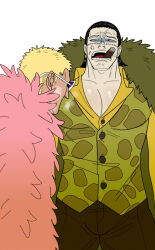 Rule 34 | 2boys, anger vein, bara, black hair, blonde hair, bulge, coat, collared shirt, crocodile (one piece), dark-skinned male, dark skin, donquixote doflamingo, feet out of frame, fur coat, hair slicked back, jaguar print, large pectorals, looking at pectorals, male focus, mature male, medium hair, mg cls, multiple boys, muscular, muscular male, one piece, pectoral cleavage, pectorals, puffy chest, purple-tinted eyewear, scar, scar on face, scar on nose, shiny skin, shirt, sideburns, stitches, sunglasses, tinted eyewear, turn pale, veiny face, white-framed eyewear, yaoi, yellow shirt