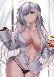 Rule 34 | 1girl, absurdres, azur lane, bare shoulders, belfast (azur lane), black panties, blue eyes, braid, breasts, cleavage, closed mouth, coffee cup, collarbone, cup, disposable cup, feet out of frame, food, french braid, fried egg, fried egg on toast, highres, holding, holding cup, holding food, holding plate, large breasts, long hair, looking at viewer, no bra, open clothes, open shirt, panties, plate, shirt, silver hair, simple background, solo, standing, toast, underwear, white shirt, yan lie