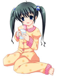 Rule 34 | 1girl, barefoot, black hair, blue eyes, blush, cup, dot nose, holding, holding cup, long hair, long sleeves, mug, no shoes, no socks, open mouth, pajamas, simple background, sitting, solo, twintails, white background, yamasaki tomoya