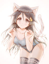 Rule 34 | 10s, 1girl, animal ears, black hair, blue eyes, bluez, collarbone, hair ornament, izumi reina, leaning forward, looking up, musaigen no phantom world, paw pose, simple background, smile, solo, swimsuit, tail, tareme, thighhighs, white background