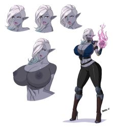 Rule 34 | 1girl, bad anatomy, boots, breasts, character sheet, cleavage, colored skin, covered erect nipples, dark areolae, dark elf, devil-v, elf, grey skin, hair over one eye, high heel boots, high heels, highres, huge breasts, looking at viewer, mohawk, multiple views, narrow waist, navel, nipples, no bra, original, pointy ears, portrait, see-through, shirt, silver hair, simple background, standing, stiletto heels, stomach, taut clothes, taut shirt, v-shaped eyebrows, white background