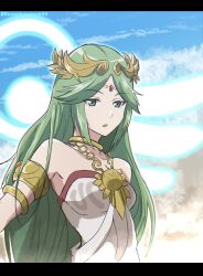 Rule 34 | 1girl, ancient greek clothes, armlet, bare shoulders, blue sky, chiton, forehead jewel, green eyes, green hair, highres, jewelry, kid icarus, letterboxed, long hair, looking at viewer, nintendo, open mouth, palutena, pendant, rune (ruupokesmash54), sky, solo, twitter username, upper body, very long hair