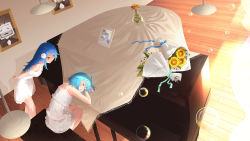 Rule 34 | 2girls, arms behind back, bare legs, bilibili, blue hair, blue ribbon, bouquet, bubble, ceiling light, chinese commentary, clip studio paint (medium), closed mouth, commentary request, dress, dutch angle, closed eyes, flower, from above, hair flower, hair ornament, highres, indoors, instrument, leaning forward, looking at another, multiple girls, off-shoulder dress, off shoulder, original, piano, piano bench, picture frame, pink flower, red eyes, red flower, ribbon, short hair, sitting, sleeping, sleeveless, sleeveless dress, smile, standing, sunflower, sunlight, tablecloth, vase, wer0, white dress, white flower, wide shot, wooden floor, yellow flower