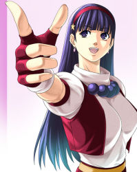 Rule 34 | 1girl, asamiya athena, bad id, bad pixiv id, blue hair, breasts, earrings, female focus, fingerless gloves, gloves, hair ornament, hairband, jewelry, king of fighters 97, large breasts, long hair, noriheita, open mouth, purple hair, red hairband, ringed eyes, smile, snk, solo, star (symbol), star hair ornament, the king of fighters, the king of fighters &#039;97
