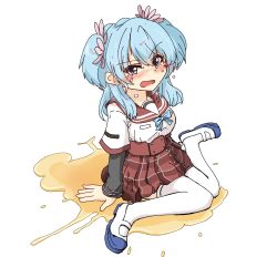 Rule 34 | 1girl, absurdres, blue bow, blue bowtie, blue eyes, blue footwear, blue hair, blush, bow, bowtie, breasts, crying, embarrassed, female focus, flower, full body, hair flower, hair ornament, highres, layered sleeves, long hair, long sleeves, looking at viewer, magia record: mahou shoujo madoka magica gaiden, mahou shoujo madoka magica, medium breasts, minami rena, miniskirt, nose blush, open mouth, ori (pixiv 31473777), peeing, peeing self, pink flower, plaid, plaid skirt, pleated skirt, polka dot neckwear, puddle, red skirt, school uniform, shirt, shoes, short over long sleeves, short sleeves, simple background, sitting, skirt, solo, tears, textless version, thighhighs, twi side up, wariza, wet, wet clothes, white background, white shirt, white thighhighs