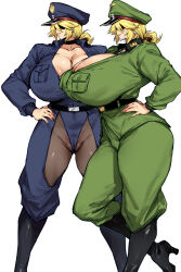 absurdres black_footwear blonde_hair blue_pants boots breasts brocken_jr. brockenman cameltoe cleavage genderswap genderswap_(mtf) gigantic_breasts green_jacket green_pants hair_over_eyes hands_on_own_hips hat highres jacket kinnikuman military_hat military_uniform pants peaked_cap smile standing thick_thighs thighs thirty_8ght