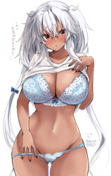 Rule 34 | 1girl, absurdres, black nails, blue bra, blue panties, bra, breasts, brown eyes, cleavage, clothes lift, commentary request, dark-skinned female, dark skin, dated, gluteal fold, groin, hair between eyes, highres, kantai collection, large breasts, lifting own clothes, long hair, looking at viewer, mashiro yukiya, musashi (kancolle), navel, open mouth, panties, semi-rimless eyewear, shirt, shirt lift, signature, solo, translation request, twintails, two side up, underwear, very long hair, white background, white hair, white shirt