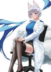 Rule 34 | 1girl, absurdres, alternate costume, animal ears, azur lane, black footwear, black skirt, black thighhighs, blue eyes, blue sweater, breasts, chair, coat, doctor, foot out of frame, high heels, highres, kaga (azur lane), kitsune, lab coat, large breasts, large tail, looking at viewer, miniskirt, multiple tails, nocturnal melonpan, office chair, open clothes, open coat, over-kneehighs, pencil skirt, shoes, short hair, simple background, sitting, skirt, solo, sweater, swivel chair, tail, thighhighs, white background, white coat, white hair, white tail, zettai ryouiki