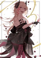 Rule 34 | 1girl, black dress, black gloves, blonde hair, breasts, cup, dress, drinking glass, girls&#039; frontline, gloves, highres, holding, holding cup, long hair, m4 sopmod ii (devourer of the feast) (girls&#039; frontline), m4 sopmod ii (girls&#039; frontline), medium breasts, multicolored hair, official alternate costume, pantyhose, rabb horn, red eyes, red hair, red pantyhose, solo, streaked hair, wine glass