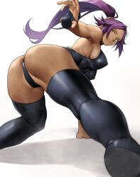 Rule 34 | 1girl, absurdres, all fours, ass, black footwear, black leotard, bleach, boots, breasts, closed mouth, dark-skinned female, dark skin, elbow gloves, gloves, highleg, highleg leotard, highres, large breasts, leotard, long hair, looking back, outstretched arm, ponytail, purple hair, redrawn, shadow, shihouin yoruichi, simple background, skin tight, solo, thigh boots, thighs, yellow eyes, yoshio (55level)