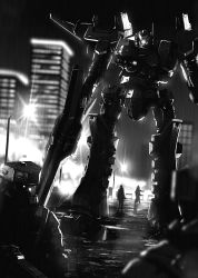 Rule 34 | 1840, armored core, glowing, glowing eye, greyscale, holding, holding weapon, looking at viewer, mecha, monochrome, robot, weapon