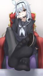 Rule 34 | 1girl, armchair, between toes, black pantyhose, black serafuku, blue archive, chair, cookie, feet, food, foot focus, hairband, highres, holding with feet, long hair, looking at viewer, open mouth, pantyhose, plana (blue archive), school uniform, serafuku, sitting, soles, toes