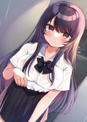 Rule 34 | 1girl, black bow, black skirt, blush, bow, breasts, closed mouth, collared shirt, commentary request, dress shirt, dutch angle, hair between eyes, highres, looking at viewer, medium breasts, minami saki, moe2022, original, pleated skirt, purple hair, rain, red eyes, school uniform, see-through, shirt, skirt, solo, standing, wet, wet clothes, wet shirt, white shirt