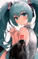 Rule 34 | 1girl, antenna hair, aqua eyes, aqua hair, aqua nails, bare shoulders, black footwear, black ribbon, black skirt, black sleeves, blush, boots, character name, collared shirt, detached sleeves, flipped hair, from side, grey shirt, hair between eyes, hair ornament, hair ribbon, hands up, hatsune miku, headphones, highres, lace, lace-trimmed shirt, lace trim, long hair, looking at viewer, looking back, nail polish, neon trim, number tattoo, open mouth, own hands together, parted lips, pleated skirt, ribbon, shirt, shoulder tattoo, sidelocks, simple background, skirt, sleeveless, sleeveless shirt, solo, straight hair, tananuki, tattoo, teeth, thigh boots, thighhighs, twintails, twitter username, upper body, vocaloid, white background, zettai ryouiki