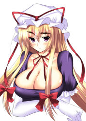 Rule 34 | 1girl, blonde hair, breasts, cleavage, elbow gloves, female focus, gloves, hat, large breasts, long hair, nozomi tsubame, purple eyes, simple background, solo, touhou, upper body, white background, white gloves, yakumo yukari