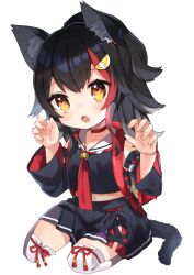 Rule 34 | 1girl, :o, absurdres, aged down, animal ears, backpack, bag, black hair, choker, claw pose, commentary request, detached sleeves, hair between eyes, hair ornament, hairclip, highres, hololive, huge filesize, long hair, long sleeves, looking at viewer, midriff, multicolored hair, navel, noi mine, ookami mio, ookami mio (1st costume), orange eyes, pleated skirt, randoseru, rope, school uniform, serafuku, shimenawa, sidelocks, simple background, sitting, skirt, solo, streaked hair, tail, thighhighs, two-tone hair, virtual youtuber, wariza, white background, white thighhighs, wide sleeves, wolf ears, wolf tail, zettai ryouiki